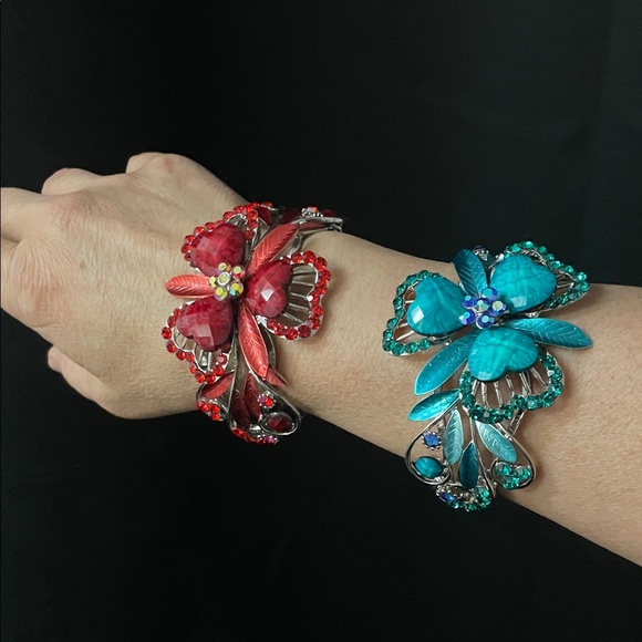 SDLZ Jewelry - 2 NEW Floral Sparkly Cuff Bracelets - Red and Turquoise - branded SDLZ